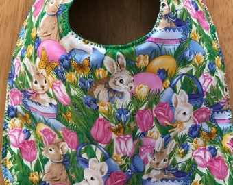 Easter Baby Bib:  Easter Bunny Rabbits and Colored Eggs  Spring Flowers