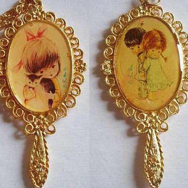 Vintage Moppet Children Hand Mirror Pendant Charms - antiqued patina golden gilt frame with lovely sweet design