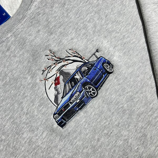 Nissan GT-R R34 Hoodie / Sweatshirt Embroidery - JDM Car Clothing - Japanese blossom flower car