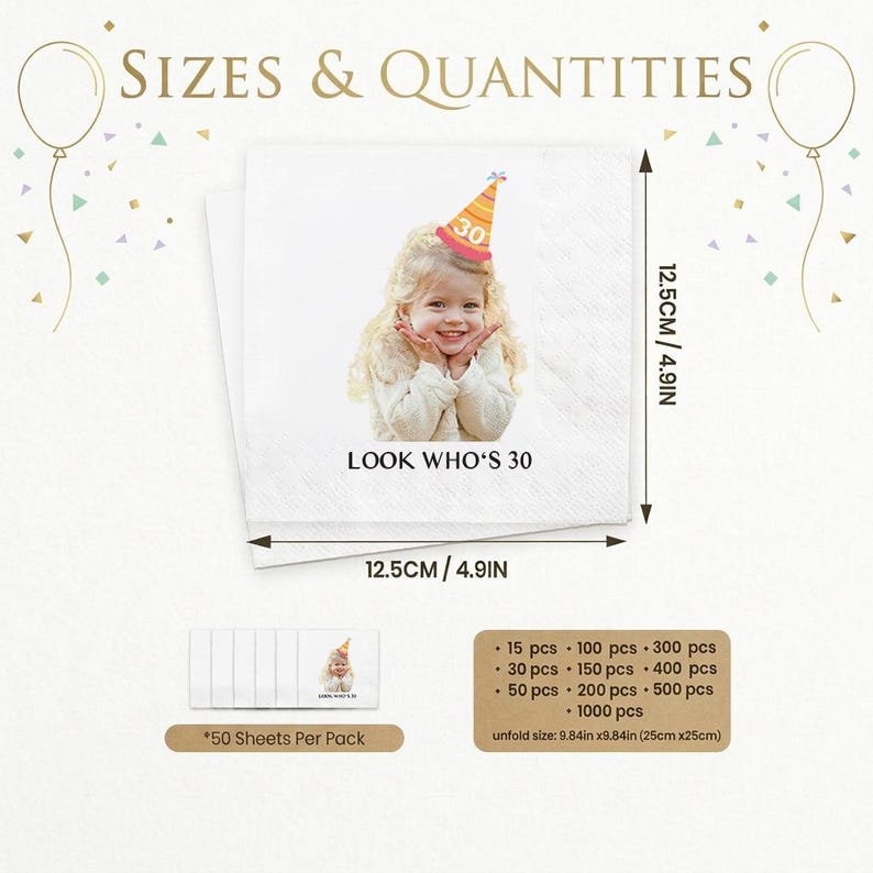May include: White square napkins with a photo of a smiling person wearing a party hat with the number 30. The text "LOOK WHO'S 30" is printed below the photo. Napkins measure 4.9 inches (12.5 cm) square.