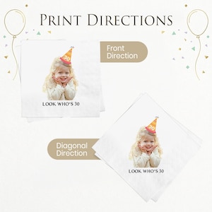 May include: White napkins with a photo of a smiling child wearing a party hat with the number 30. The text "LOOK WHO'S 30" is printed below the photo. The image also includes the text "PRINT DIRECTIONS", "Front Direction", and "Diagonal Direction".