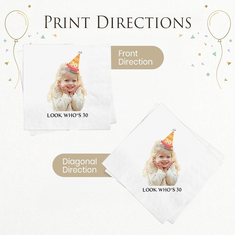 May include: White napkins with a photo of a smiling child wearing a party hat with the number 30. The text "LOOK WHO'S 30" is printed below the photo. The image also includes the text "PRINT DIRECTIONS", "Front Direction", and "Diagonal Direction".