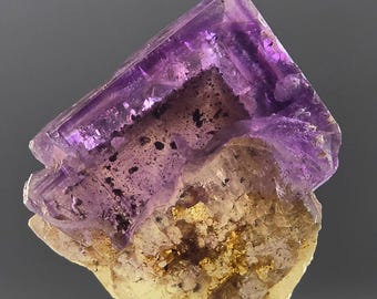 Könnte beinhalten: Ein durchscheinendes violettes Fluorit-Kristall-Exemplar mit kubischer Struktur, tiefvioletten Zonen und dunklen Einschlüssen. Die Basis besteht aus einer texturierten, hellbeigen Mineralmatrix mit goldbraunen kristallinen Ablagerungen.