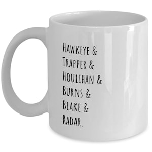M*A*S*H tv show character list coffee mug / Hawkeye Pierce / Honnicutt Winchester Potter Klinger / Blake Radar Burns Houlihan / 70s 80s cup