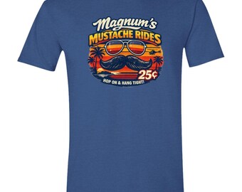 Magnum's Moustache Rides Gildan Mens Softstyle Tee 64000 | 80s tv kitsch funny shirt | Tom Selleck detective show