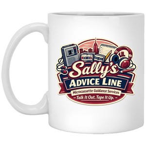 Könnte beinhalten: Ein weißer Keramikbecher mit einer farbigen Grafik, die ein Kassettenrekorder, Kopfhörer und Kassetten zeigt. Der Text lautet: Sally's ADVICE LINE, Microcassette Guidance Services, Talk It Out. Tape It Up. Das Design verwendet rote, blaue und cremefarbene Töne.
