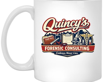 Quincy's Forensic Consulting Coffee Mug | 80s Detective Police TV | Retro Gen X Drama Shows