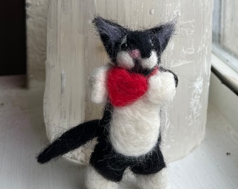 Felted Tuxedo cat with red heart