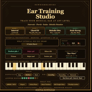 Op de afbeelding: Een donkergekleurde digitale interface genaamd Ear Training Studio voor muzikale gehoortraining. Het bevat modi voor intervallen, akkoorden, toonladders en melodisch dictee, een interactief pianoklavier en de vraag What interval did you hear?