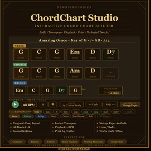 Puede incluir: Interfaz del software de creación de diagramas de acordes ChordChart Studio con fondo oscuro y texto dorado. La pantalla muestra una estructura de canción para Amazing Grace en la tonalidad de Sol con secciones de verso, estribillo y puente con acordes.