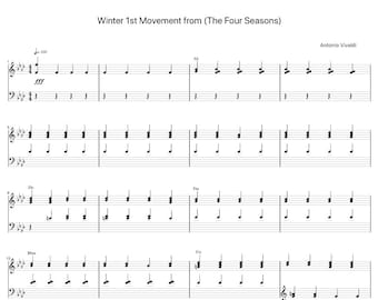 Winter 1st Movement from (The Four Seasons) by Antonio Vivaldi Sheet Music - Digital Download, Easy Printable Music Sheet for Beginners