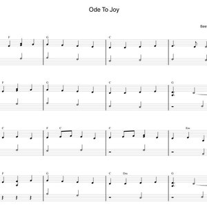Könnte beinhalten: Notenblatt für "Freude schöner Götterfunken" von Beethoven. Die Musik ist in Standardnotation mit einem Violinschlüssel und einem Bassschlüssel geschrieben. Die Noten sind auf einem fünflinigem Notensystem geschrieben.