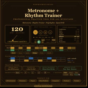 May include: A digital interface for a Metronome and Rhythm Trainer by Newbiemelodies. The dark screen displays tempo settings at 120 BPM, a beat visualizer, rhythm trainer with swing presets, a polyrhythm trainer, and various practice tools.