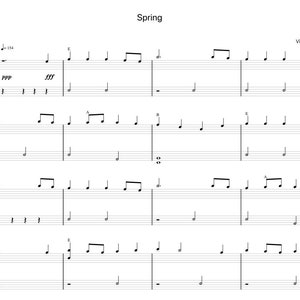 May include: Sheet music for the "Spring" movement from Vivaldi's "The Four Seasons". The music is written in the key of E major and features a tempo of 154 beats per minute. The music is written in a standard musical notation format with treble and bass clefs.