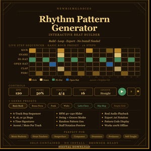 Puede incluir: Una interfaz digital de color marrón oscuro titulada Rhythm Pattern Generator Interactive Beat Builder. Presenta una cuadrícula de secuenciador de 16 pasos con bloques de colores para sonidos de bombo, caja, hi-hat y open hat, además de paneles de control.