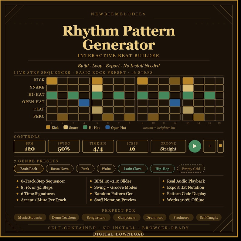 May include: A dark brown digital interface titled Rhythm Pattern Generator Interactive Beat Builder. It features a 16-step sequencer grid with coloured blocks for kick, snare, hi-hat, and open hat sounds, plus control panels for BPM, swing, and time signature.