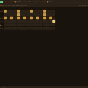 May include: A digital music sequencer interface titled RhythmPattern Studio with a dark brown background. The screen displays a grid of yellow squares representing drum beats, instrument controls, tempo settings, and a musical notation preview.