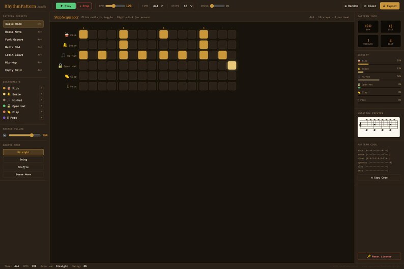 May include: A digital music sequencer interface titled RhythmPattern Studio with a dark brown background. The screen displays a grid of yellow squares representing drum beats, instrument controls, tempo settings, and a musical notation preview.