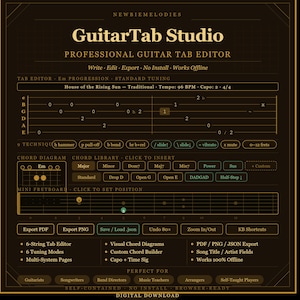 May include: A dark brown digital interface for GuitarTab Studio, a professional guitar tab editor. The screen displays a guitar tablature staff, chord diagrams, a mini fretboard, and various editing buttons for exporting files and adjusting settings.