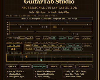 GuitarTab Studio — Interactive Guitar Tablature Editor | Printable PDF Export | Digital Download HTML Tool