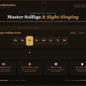 Puede incluir: Interfaz de la aplicación web interactiva NewbieMelodies Solfege Drill Sheet Pro. Incluye una escala de solfeo en Do mayor con la nota Mi resaltada, notación en pentagrama, ajustes de BPM, entrenamiento auditivo y exportación de hojas PDF.