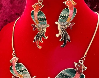 Vintage Cloisonne Enamel Parrot Bird Jewelry Set: Necklace, Dangle Earrings