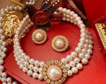 vintage estate faux pearl jewelry set, triple strand choker necklace, clip on earrings