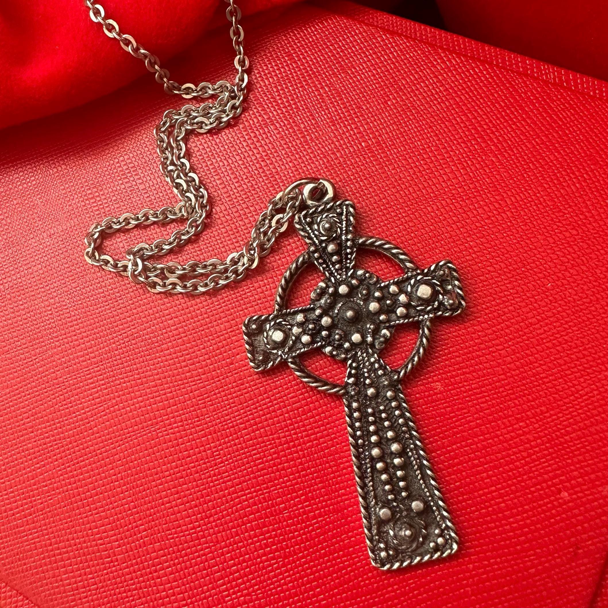 Vintage St Justin Celtic Cross Pendant Necklace, Pewter Vintage 