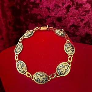 vintage damascene Toledo link bracelet gold and black tone birds of paradise, Spanish vintage jewelry