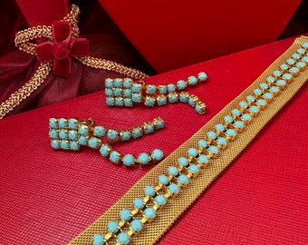 vintage jewelry set bracelet and clip on earrings gold tone with blue turquoise crystals