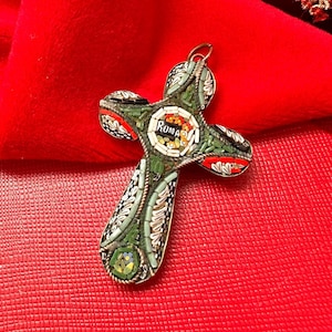 antique vintage Italian micro mosaic cross pendant Rome, grand tour souvenir millefiori glass