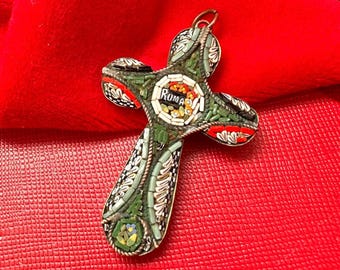 antique vintage Italian micro mosaic cross pendant Rome, grand tour souvenir millefiori glass