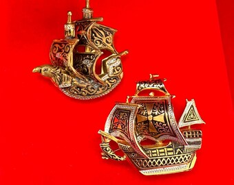 Vintage Damascene Toledo Galleon Ship Brooch, Spanish Damascene Nautical Jewelry