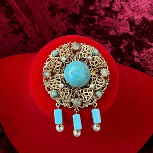 vintage blue Peking glass brooch, Czech filigree brooch gold tone with dangles