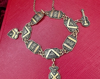 vintage damascene Toledo link women bracelet gold black tone, vintage Spanish jewelry