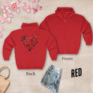 May include: Red zippered hoodie with a heart made of smaller hearts on the back. The front of the hoodie is plain red. The words "Front" and "Red" are printed on the image.