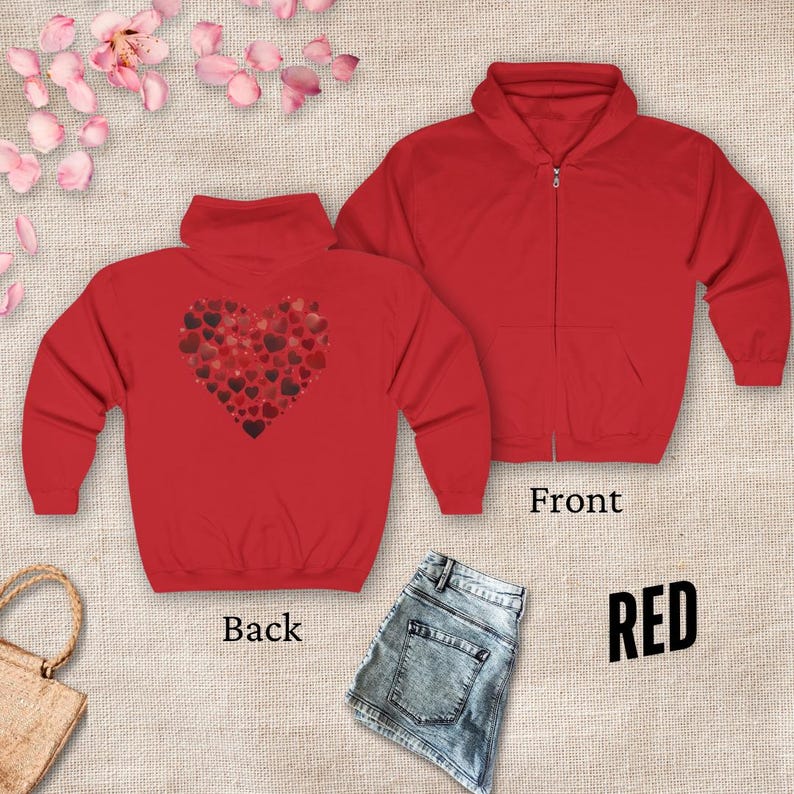 May include: Red zippered hoodie with a heart made of smaller hearts on the back. The front of the hoodie is plain red. The words "Front" and "Red" are printed on the image.