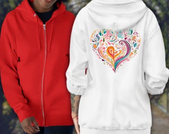 Floral Heart Full Zip Sweatshirt Pullover Hoodie for Women - Perfect for Valentine’s Day or Casual Wear, Comfortable & Stylish Design