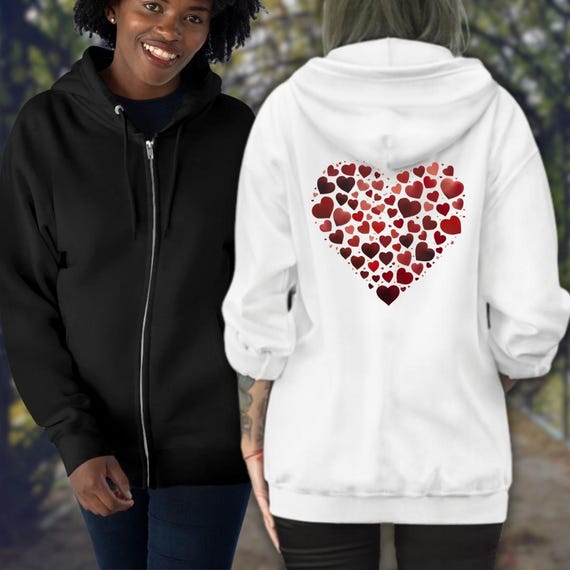 Heart Print Full Zip Hoodie - Women's Cotton Blend Sweatshirt