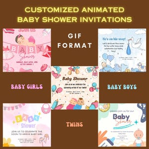 Inviti animati personalizzati per baby shower (GIF) per bambine, bambini o gemelli – Per WhatsApp, Viber, Facebook e altro – Scegli il tuo design