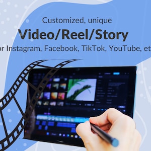 Peut inclure: Un écran d'ordinateur portable affichant un programme de montage vidéo avec une main tenant un stylet. Le texte à l'écran indique "Personnalisé, unique Vidéo/Bobine/Histoire Pour Instagram, Facebook, TikTok, YouTube, etc."