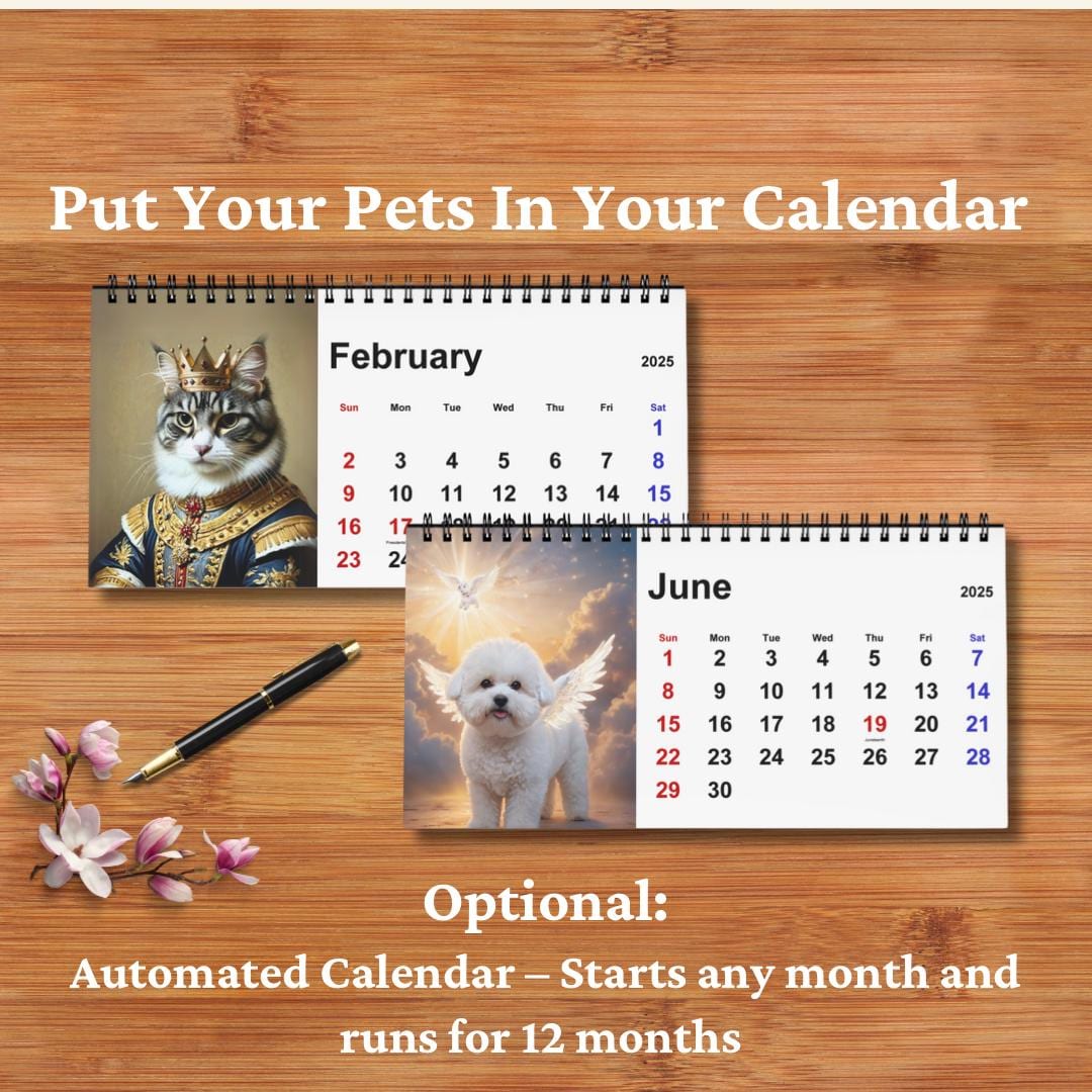 Personalized Pet Calendar - AI-Generated Photos, Custom Themes for All Pets, Deceased Pet Tribute, Start Any Month, Custom Desk Calendar