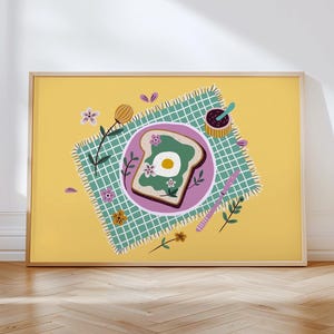 Avocado Egg Toast Print: Whimsical Kitchen Wall Art