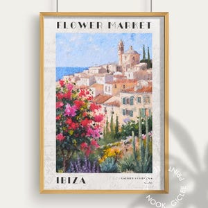 Poster del mercato dei fiori di Ibiza, decorazioni floreali spagnole, arte murale costiera colorata, stampa di viaggio contemporanea, paesaggio eclettico, regalo unico per la casa