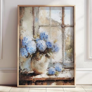 Póster de hortensia azul en jarrón, estampado de flores de color azul beige, ramo de flores con vista desde una ventana, naturaleza muerta botánica de Monet, decoración de pared neutra, regalos
