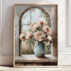 Póster de flores con vista de ventana, impresión en jarrón azul con peonías rosas, naturaleza muerta con ramo floral, decoración de pared neutra, arte de granja impresionista, regalos