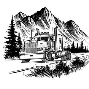 Può includere: Illustrazione in bianco e nero di un camion a pianale che guida attraverso un passo di montagna. Il camion è un design classico a cabina avanzata con una grande griglia e un rimorchio a pianale lungo. Le montagne sono aspre e innevate, e la strada è tortuosa e stretta.