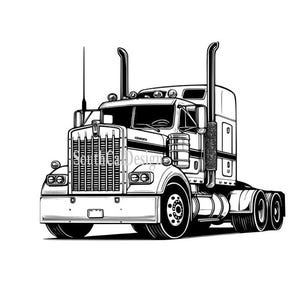May include: Black and white illustration of a semi-truck with a long hood and large grill. The truck has two exhaust pipes and a large windshield.