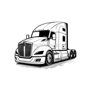May include: Black and white line drawing of a semi-truck. The truck is facing forward and has a large grill with a prominent logo. The truck has a sleeper cab and a trailer.