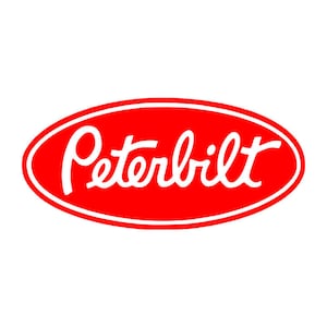 May include: A red oval with the white text "Peterbilt" inside.